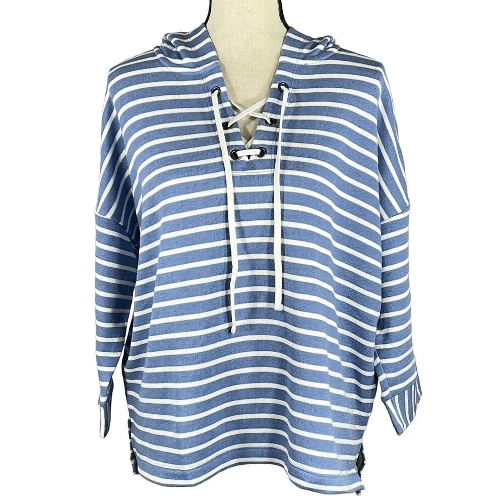 Style & Co X-Large Hooded Sweatshirt 3/4 Sleeve Lace-Up Neck Hi-Low Striped